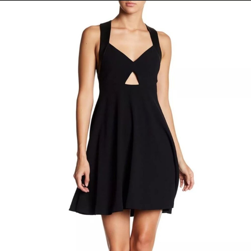 ALICE+OLIVIA cut-out black leather-trimmed crepe de chine‎ dress 2